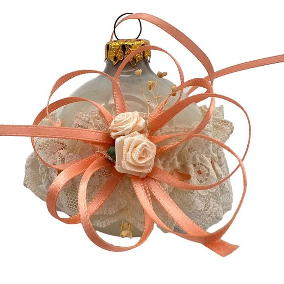 Decorative Ornaments Peach Glam Ribbon Lacy Frosted Ball Heart Roses Clear Glass - Picture 8 of 13